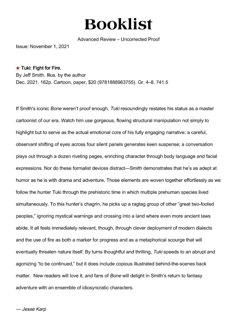 Booklist Starred Review – TUKI: Fight for Fire